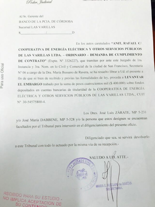 La Justicia falló a favor de la Cooperativa en el caso del embargo de cuentas  impulsado por Anit