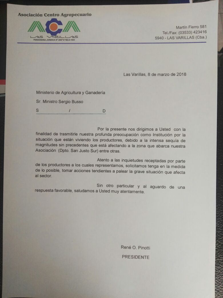 Por la preocupante sequía, la Asociación  Centro Agropecuario envió una carta al ministro Sergio Busso