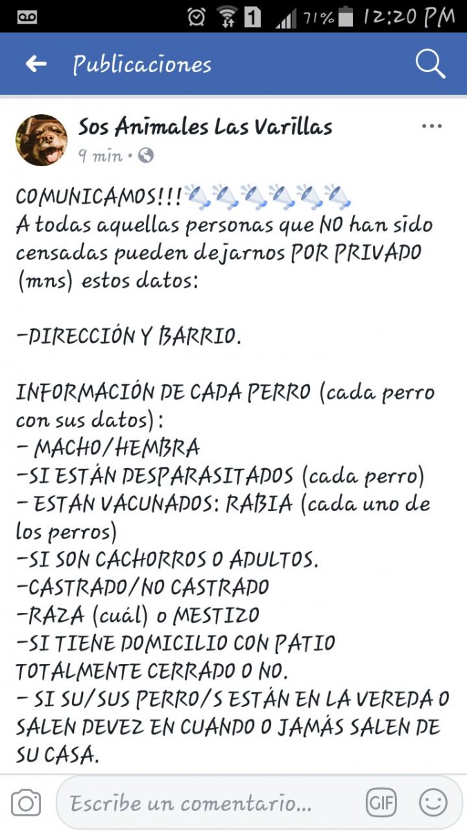Censo Canino, pedido de los organizadores