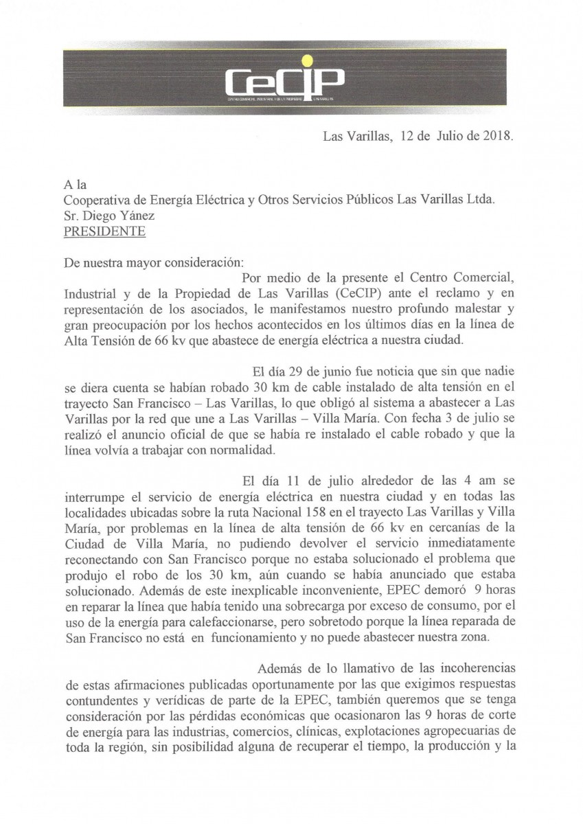 Por el corte de energía del 11 de junio: carta del CeCIP a EPEC