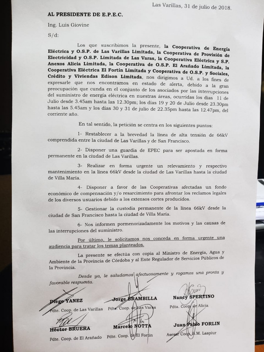Documento emitido por Cooperativas de la región, por los prolongados cortes de energía