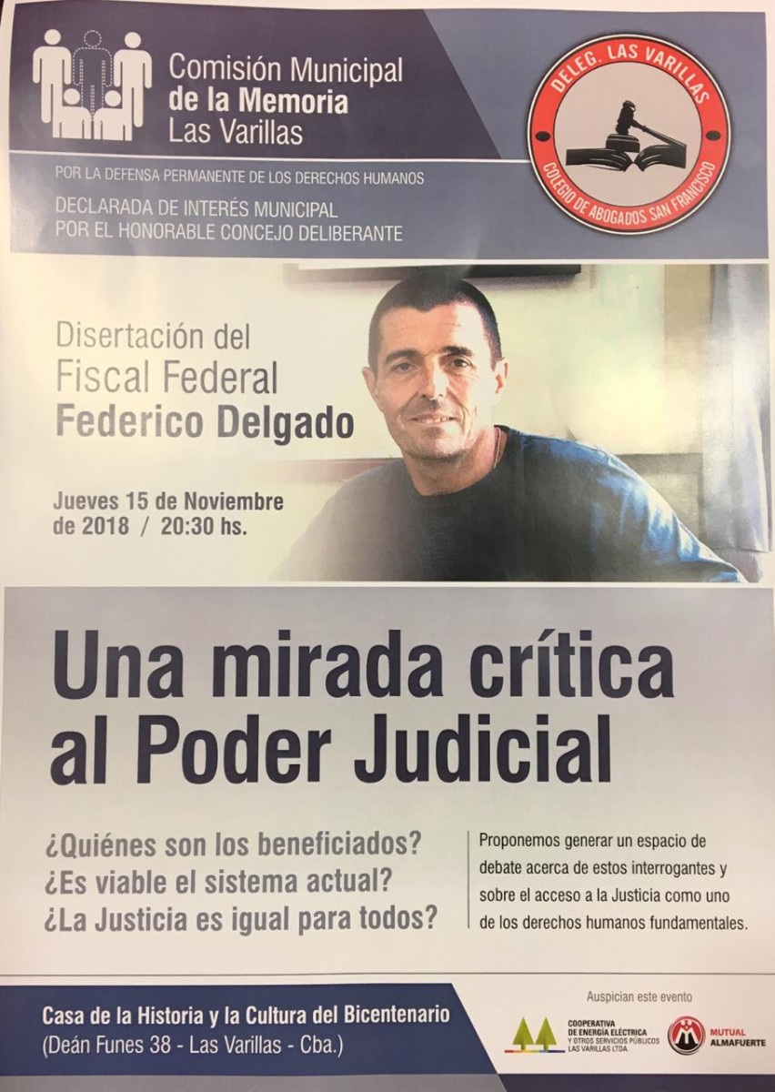 El Fiscal Federal Federico Delgado disertará en Las Varillas