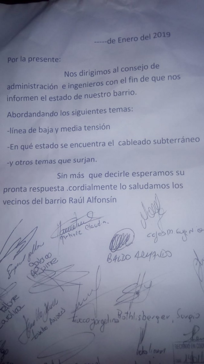 Vecinos del Barrio Alfonsín llevaron inquietudes del sector a la Cooperativa de Energía Eléctrica