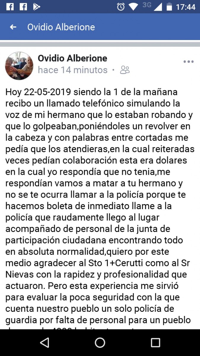 Intentaron timar mediante una estafa telefónica al ex intendente de Sacanta, Ovidio Alberione