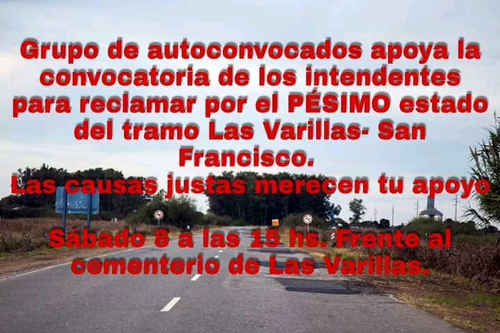 Este sábado, concentración en Las Varillas para reclamar por urgente reparación de la Ruta 158