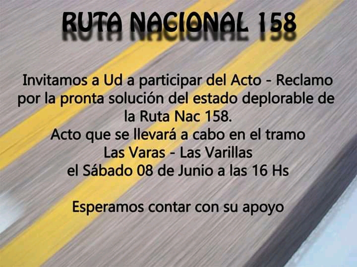 Este sábado, concentración en Las Varillas para reclamar por urgente reparación de la Ruta 158