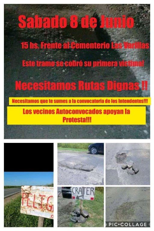 Este sábado, concentración en Las Varillas para reclamar por urgente reparación de la Ruta 158