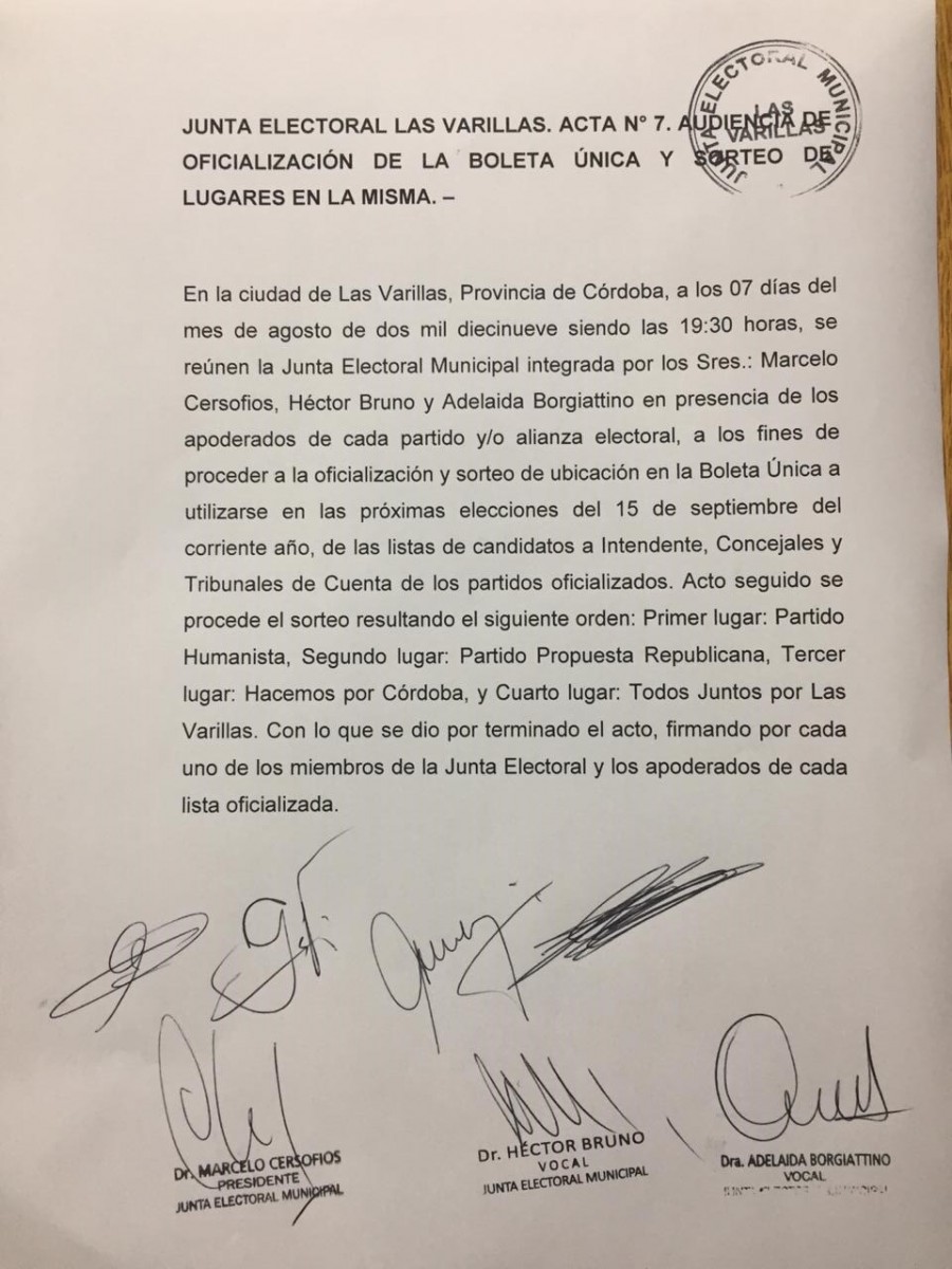 Se sorteó el orden que los candidatos a intendente tendrán en la Boleta Única.