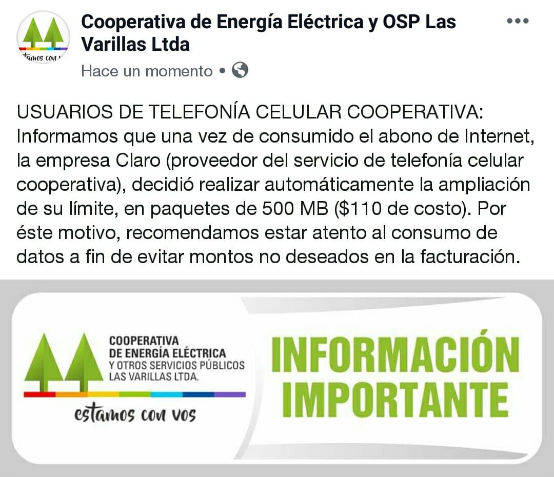 Aviso de la Cooperativa a los usuarios de Telefonía Celular