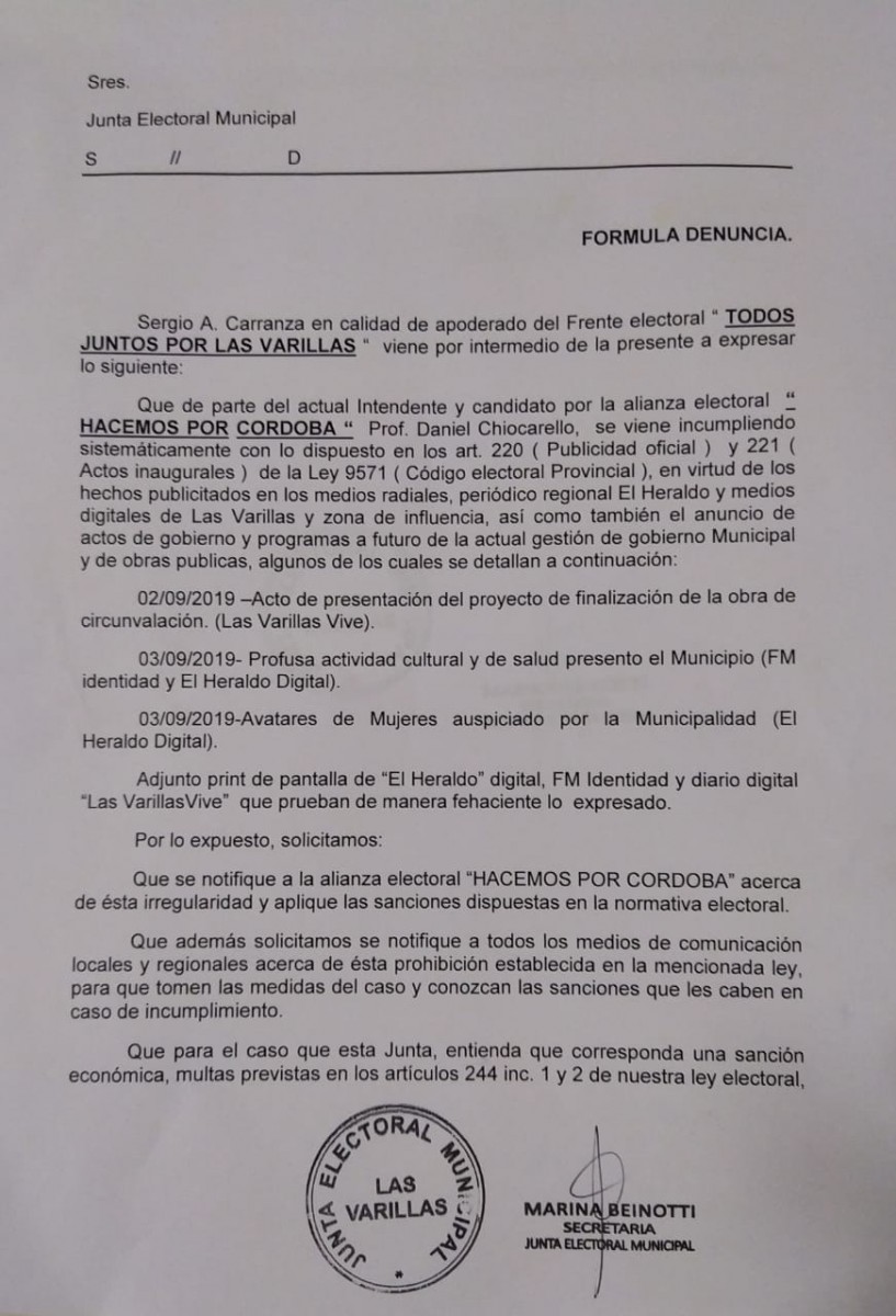 Todos Juntos Por Las Varillas denunció  el incumplimiento del Código Electoral por parte del oficialismo