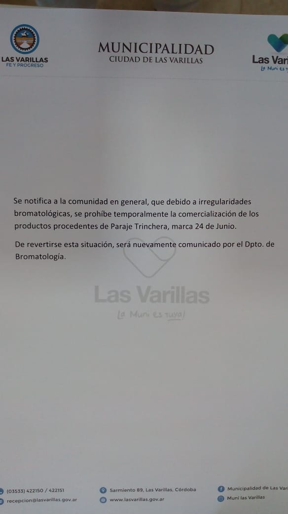 Bromatología prohíbe la comercialización de un producto elaborado en Trinchera