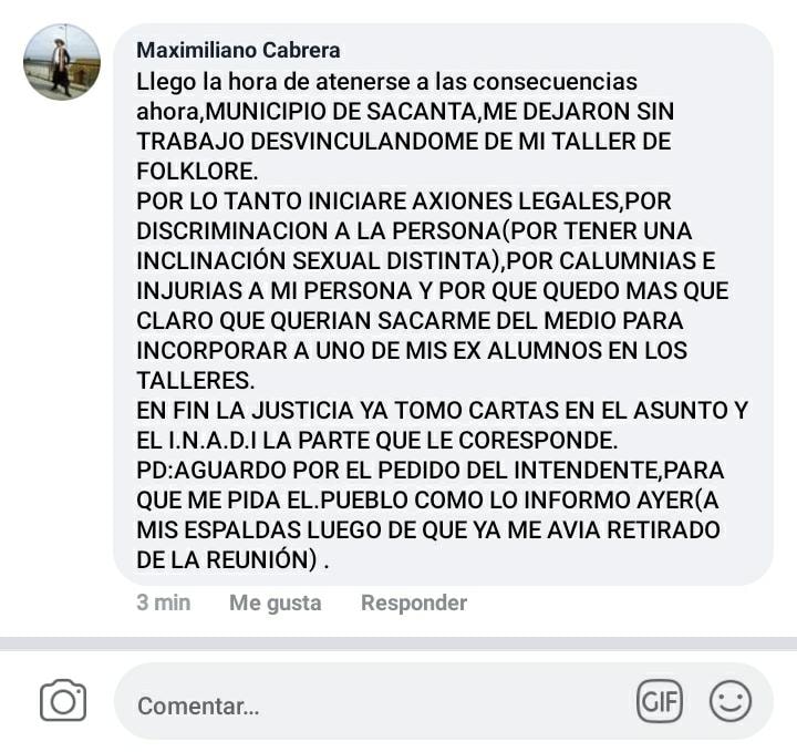El intendente de Sacanta dijo que la decisión del cese del Taller de Folclore fue por una hecho presuntamente delictivo en Cosquín
