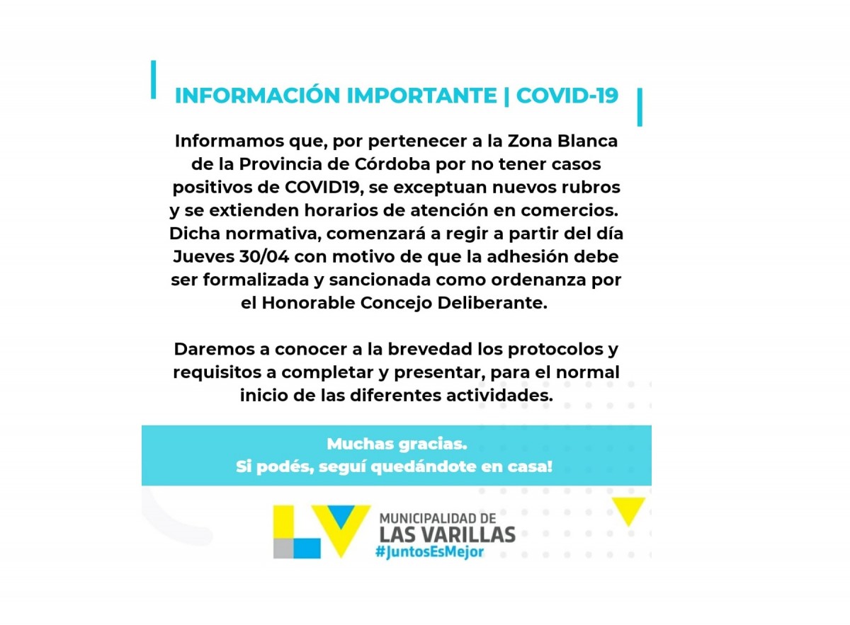 En Las Varillas desde el jueves vuelven la construcción y otras actividades. Se modifican además los horarios de atención para comercios.