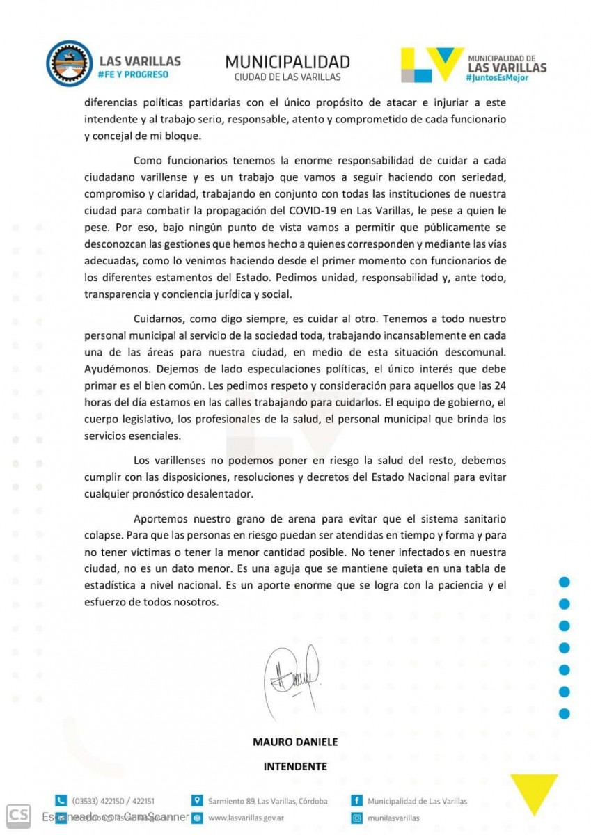 Carta de Daniele: “Bajo ningún punto de vista vamos a permitir que públicamente se desconozcan las gestiones que hemos hecho”