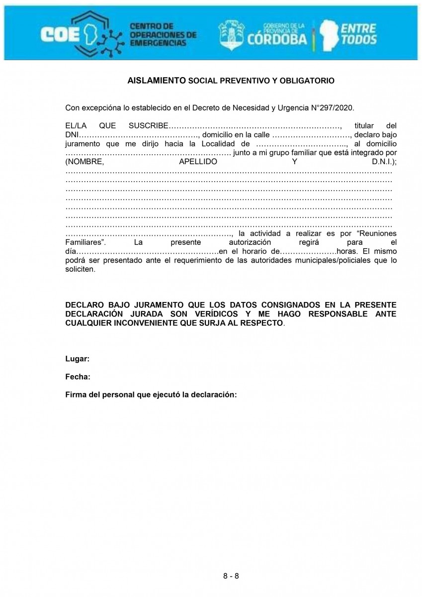 Descargá aquí el permiso de circulación para reuniones familiares dentro del departamento
