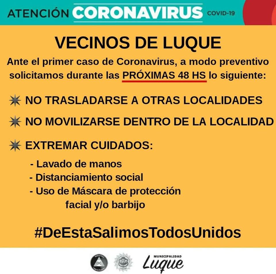 Confirmaron el primer caso de covid-19 en Luque