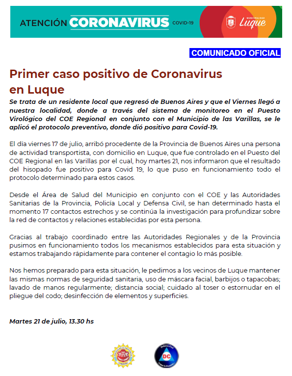 Confirmaron el primer caso de covid-19 en Luque