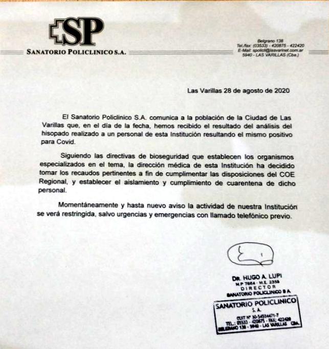 Una enfermera del Sanatorio Policlínico dio positivo por covid-19
