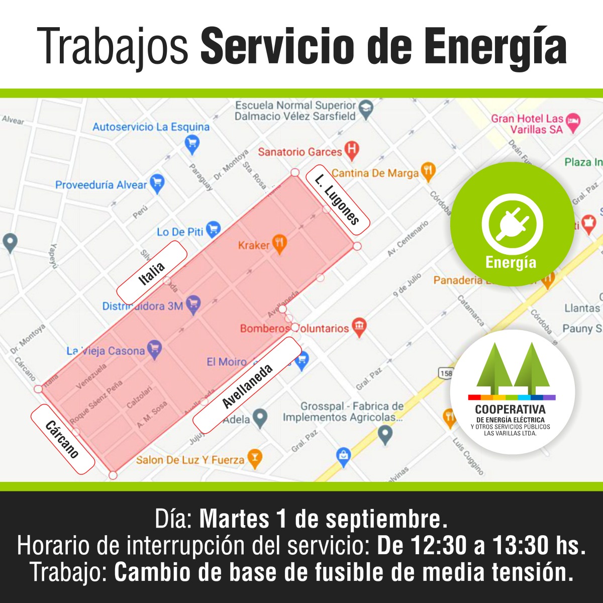 Habrá hoy un corte de energía de una hora en un vasto sector de la ciudad