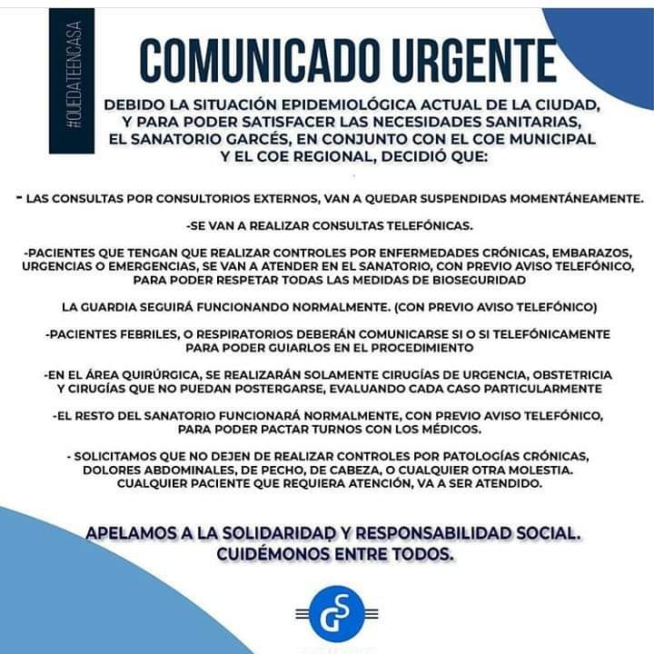 El Sanatorio Garcés explicó cómo trabajará ante la situación actual