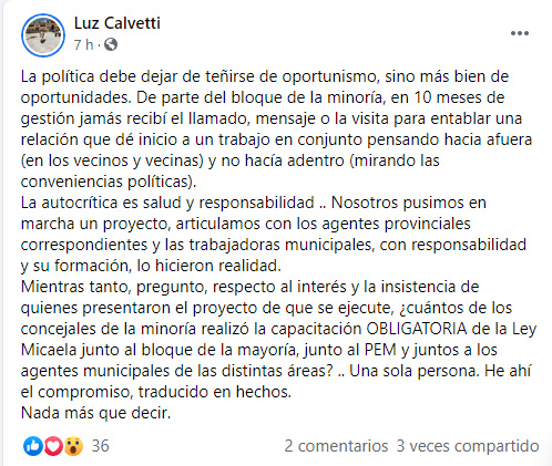 Luz Calvetti: “sólo un concejal de la minoría hizo la capacitación obligatoria de la Ley Micaela”