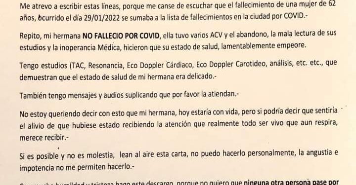 Una ciudadana sostuvo que su hermana no falleció por covid