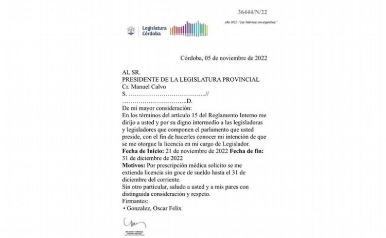 Renunció Oscar González a la presidencia provisoria  de la legislatura