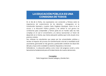 Un sector de concejales del oficialismo se expresó a favor de la educación pública y gratuita