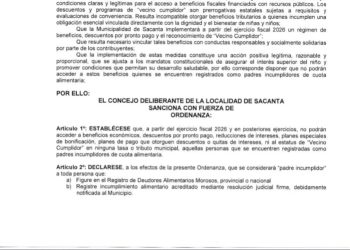 En Sacanta, padres que no paguen la cuota alimentaria no tendrán descuentos en tributos municipales
