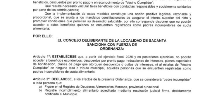 En Sacanta, padres que no paguen la cuota alimentaria no tendrán descuentos en tributos municipales